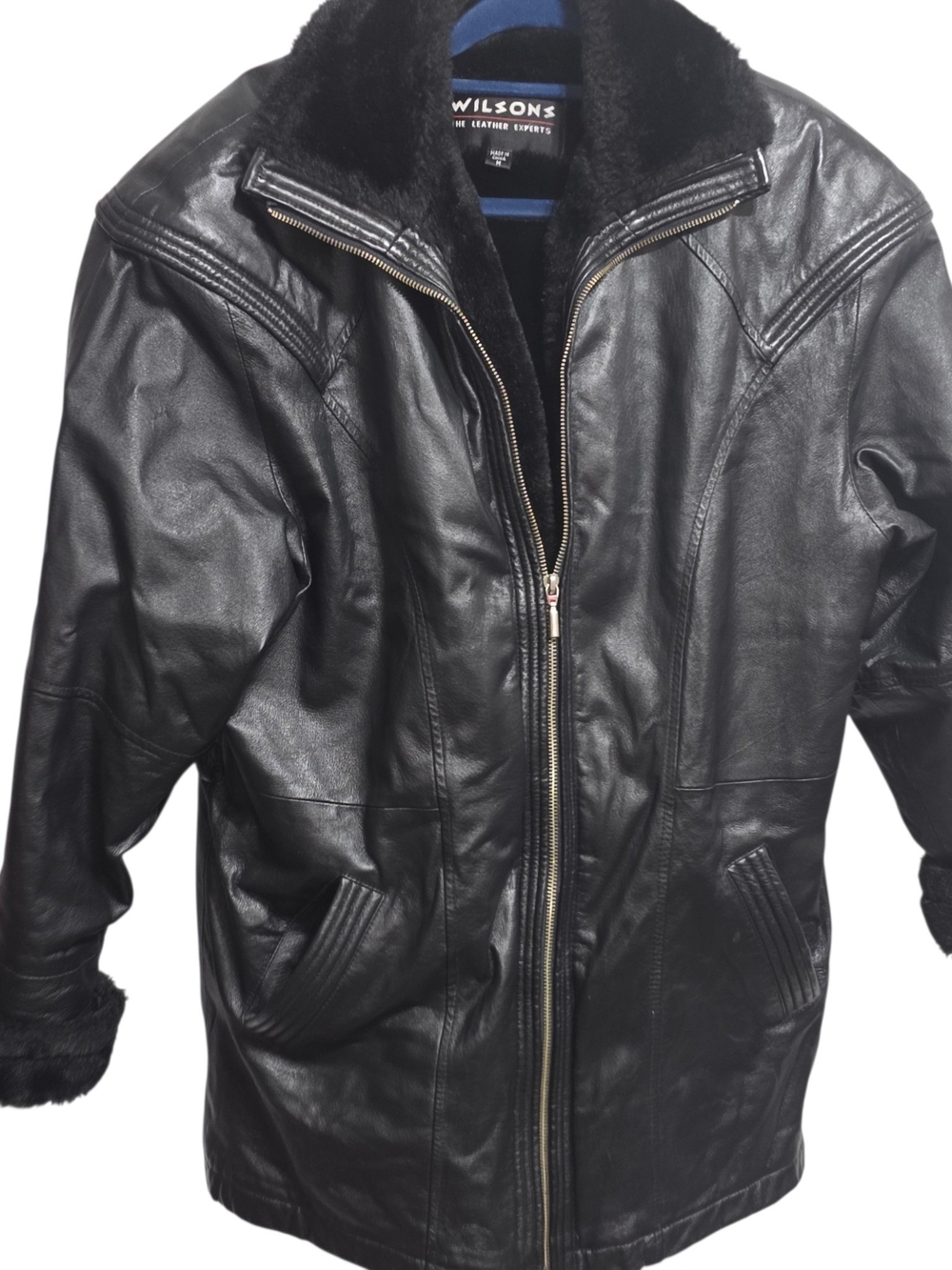 Vintage Wilsons Leather Black Shearling Trim Coat Jacket M Belted Y2K Moto Goth